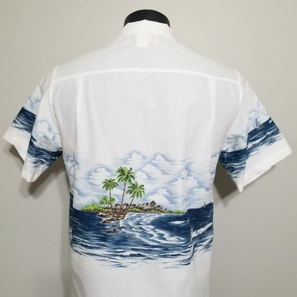 Vintage 70s Malihini Hawaii Hawaiian Shirt M Mens Button Up Surf Sail Aloha Camp - Picture 8 of 10